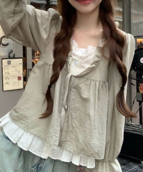 SHOUYO(ショウヨウ)の「前リボン フリルデザイン ペプラムブラウス(シャツ/ブラウス・レディース・ベージュ/ライトグリーン・M)」の5枚目の写真