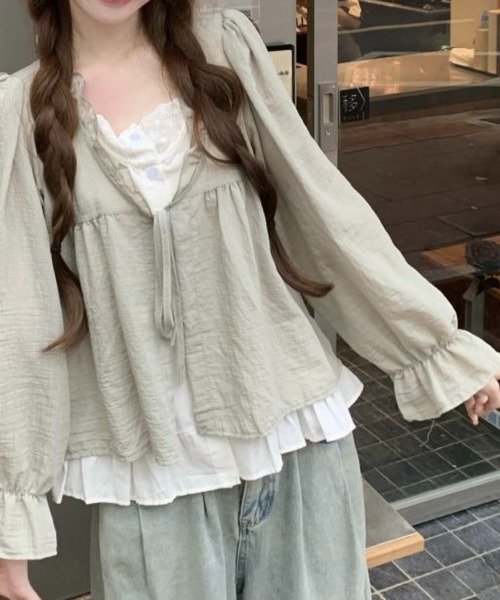 SHOUYO(ショウヨウ)の「前リボン フリルデザイン ペプラムブラウス(シャツ/ブラウス・レディース・ベージュ/ライトグリーン・M)」の8枚目の写真