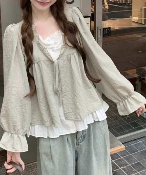SHOUYO(ショウヨウ)の「前リボン フリルデザイン ペプラムブラウス(シャツ/ブラウス・レディース・ベージュ/ライトグリーン・M)」の9枚目の写真