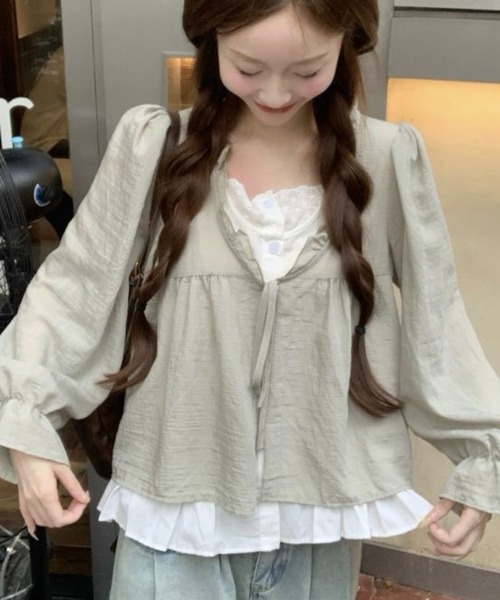 SHOUYO(ショウヨウ)の「前リボン フリルデザイン ペプラムブラウス(シャツ/ブラウス・レディース・ベージュ/ライトグリーン・M)」の10枚目の写真