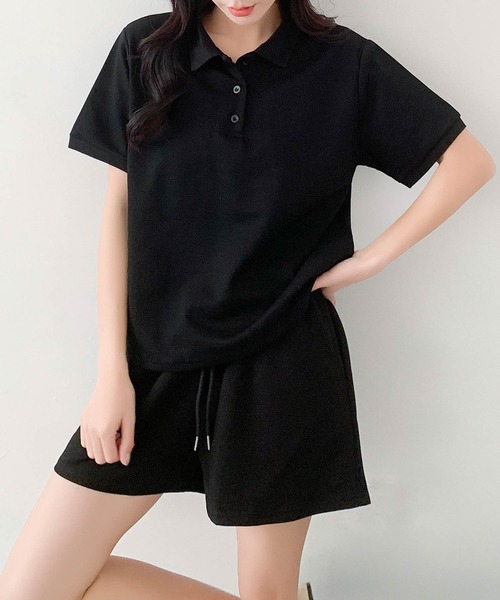 LOWO(ロワ)の「コットン95% ポロシャツ×ショートパンツ セットアップ/2点セット(セットアップ・レディース・ピンク/ブラック/ブルー/オフホワイト/グレー・FREE)」の1枚目の写真