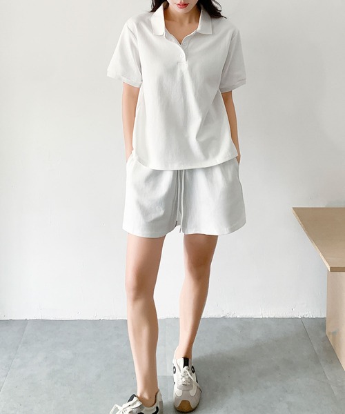 LOWO(ロワ)の「コットン95% ポロシャツ×ショートパンツ セットアップ/2点セット(セットアップ・レディース・ピンク/ブラック/ブルー/オフホワイト/グレー・FREE)」の9枚目の写真