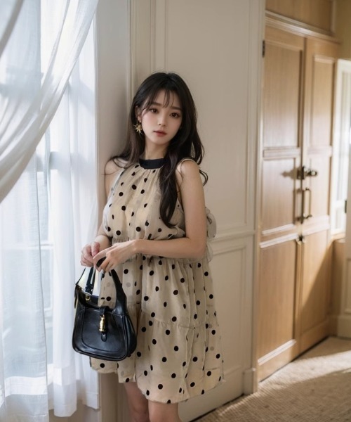 NoBelle(ノベル)の「ドット柄ワンホン風 ノースリーブ水玉ワンピース(ワンピース・レディース・ブラウン・M/S)」の8枚目の写真
