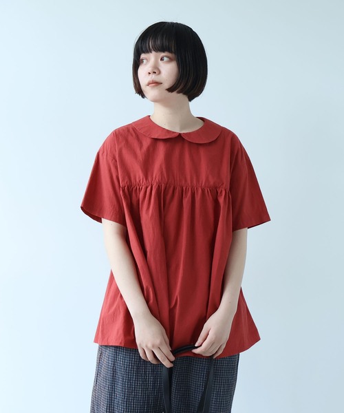 bulle de savon(ビュルデサボン)の「△80/タイプライターナチュラルトリプルワッシャー 丸衿半袖ブラウス(シャツ/ブラウス・レディース・ブルー/ホワイト/レッド/その他・FREE)」の1枚目の写真