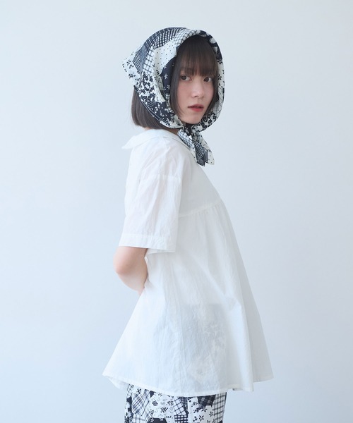 bulle de savon(ビュルデサボン)の「△80/タイプライターナチュラルトリプルワッシャー 丸衿半袖ブラウス(シャツ/ブラウス・レディース・ブルー/ホワイト/レッド/その他・FREE)」の12枚目の写真
