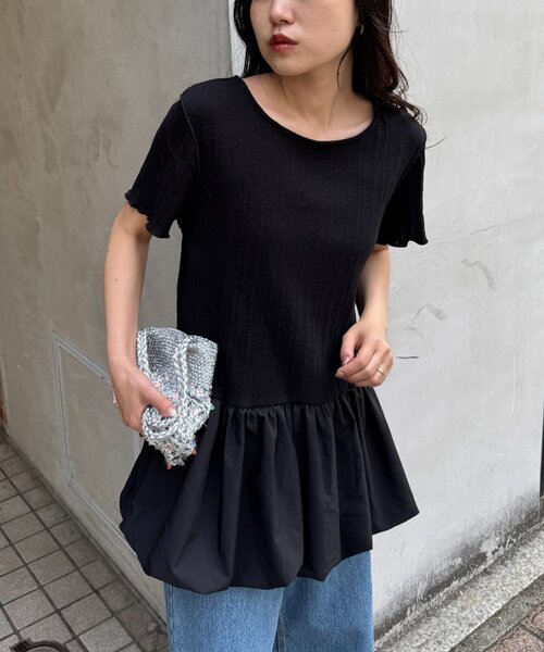 CIAOPANIC TYPY(チャオパニックティピー)の「裾バルーンランダムリブ半袖トップス(Tシャツ/カットソー・レディース・ホワイト/オフホワイト/ブラック・ONE SIZE)」の3枚目の写真