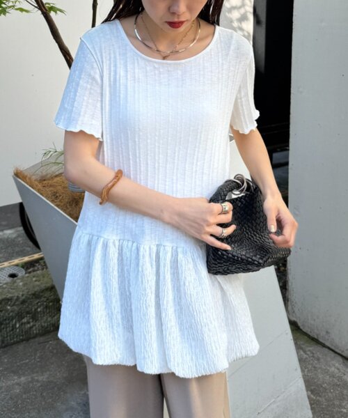 CIAOPANIC TYPY(チャオパニックティピー)の「裾バルーンランダムリブ半袖トップス(Tシャツ/カットソー・レディース・ホワイト/オフホワイト/ブラック・ONE SIZE)」の6枚目の写真