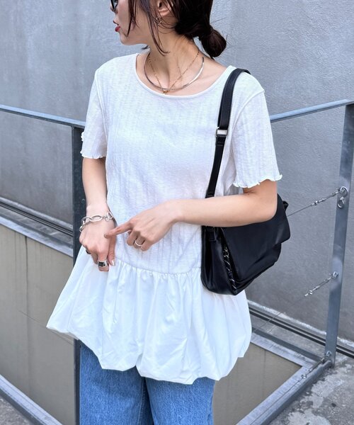 CIAOPANIC TYPY(チャオパニックティピー)の「裾バルーンランダムリブ半袖トップス(Tシャツ/カットソー・レディース・ホワイト/オフホワイト/ブラック・ONE SIZE)」の19枚目の写真