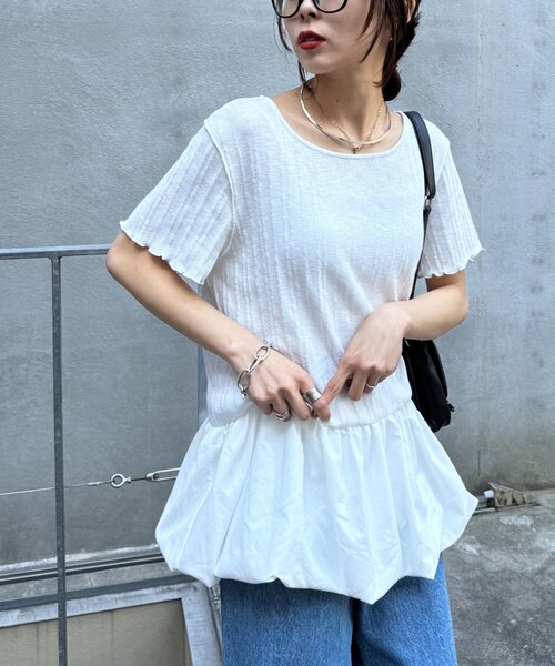 CIAOPANIC TYPY(チャオパニックティピー)の「裾バルーンランダムリブ半袖トップス(Tシャツ/カットソー・レディース・ホワイト/オフホワイト/ブラック・ONE SIZE)」の20枚目の写真