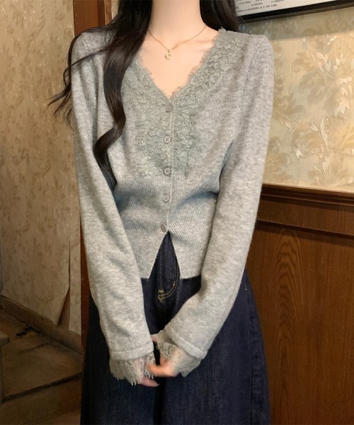 Aelina(エリナ)の「Vネックレースパッチワークニットカーディガン(カーディガン/ボレロ・レディース・ベージュ/イエロー/ブルー/グレー・FREE)」の2枚目の写真