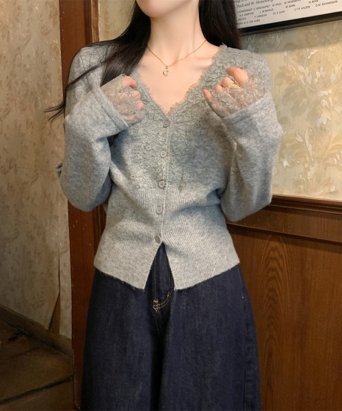 Aelina(エリナ)の「Vネックレースパッチワークニットカーディガン(カーディガン/ボレロ・レディース・ベージュ/イエロー/ブルー/グレー・FREE)」の5枚目の写真