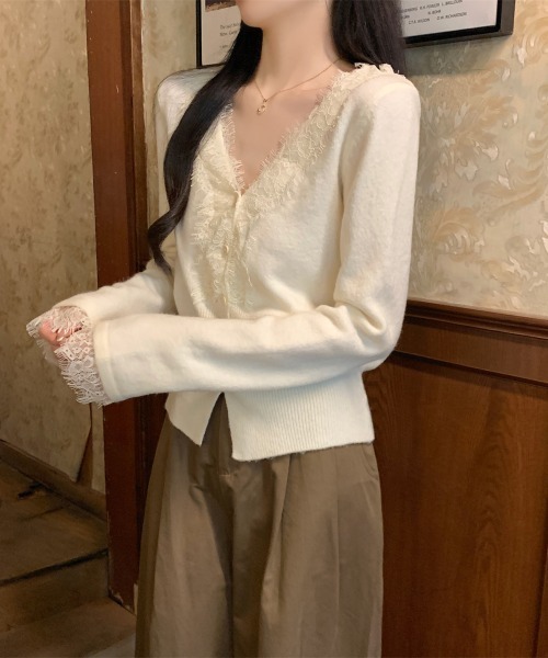 Aelina(エリナ)の「Vネックレースパッチワークニットカーディガン(カーディガン/ボレロ・レディース・ベージュ/イエロー/ブルー/グレー・FREE)」の14枚目の写真