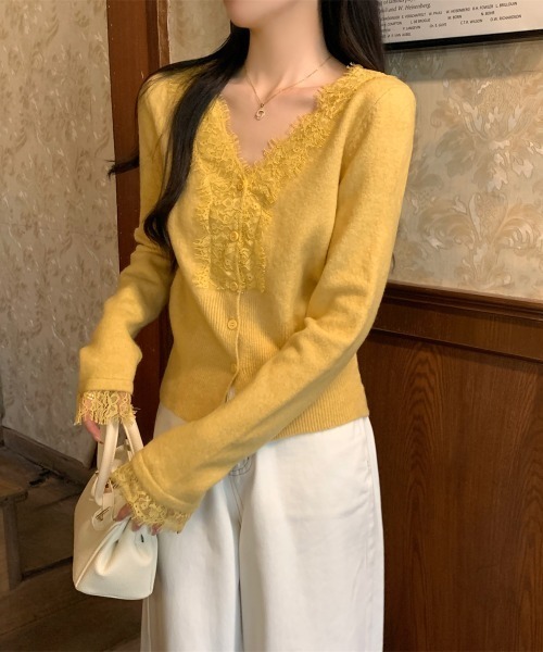 Aelina(エリナ)の「Vネックレースパッチワークニットカーディガン(カーディガン/ボレロ・レディース・ベージュ/イエロー/ブルー/グレー・FREE)」の19枚目の写真
