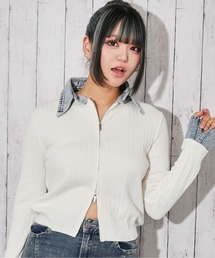 《デニム衿・Wジップ》リブニット/フェミニン/春秋冬/全4色