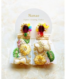 【七音】チェコガラスとインド刺繍リボンのイヤリング(MA)