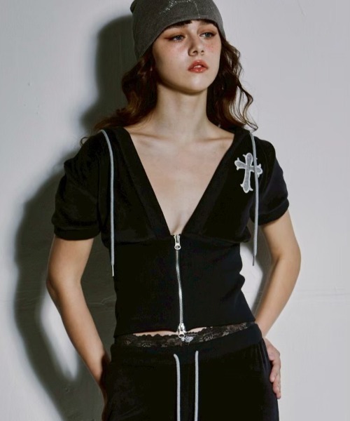 GATELESS(ゲートレス)の「【GATELESS】SUMMER RETRO ZIP UP / 【ゲートレス】ロゴサマーレトロジップアップ半袖Tシャツ(パーカー・レディース・ネイビー/ホワイト・ONE SIZE)」の14枚目の写真