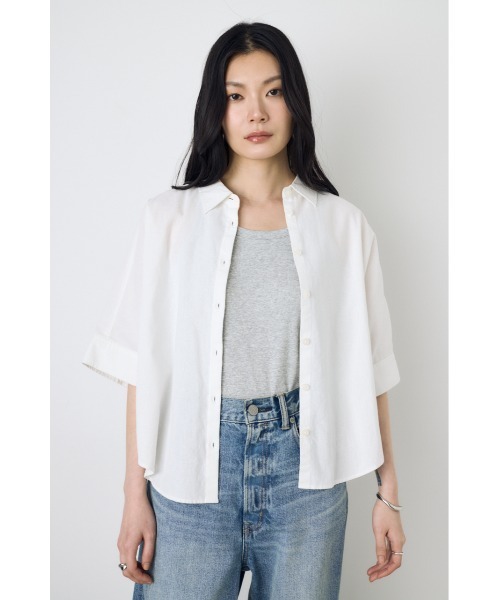 AZUL by moussy(アズールバイマウジー)の「【セットアップ対応】フレンチリネンCOOLMAXショートドルマンシャツ 春服 夏服 五分丈 半端丈 冷房対策 羽織(シャツ/ブラウス・レディース・ストライプ/ブラック/オフホワイト・FREE)」の16枚目の写真
