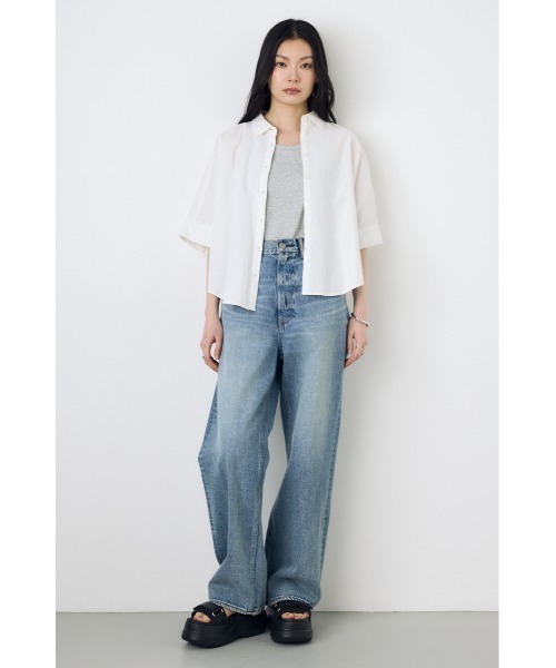 AZUL by moussy(アズールバイマウジー)の「【セットアップ対応】フレンチリネンCOOLMAXショートドルマンシャツ 春服 夏服 五分丈 半端丈 冷房対策 羽織(シャツ/ブラウス・レディース・ストライプ/ブラック/オフホワイト・FREE)」の20枚目の写真