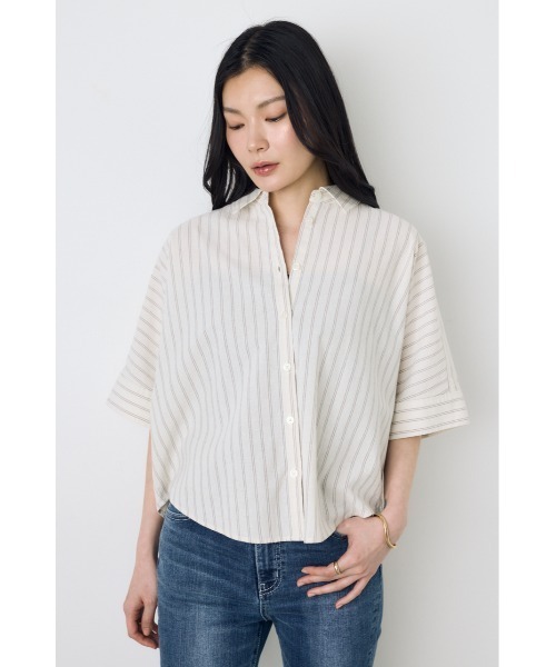 AZUL by moussy(アズールバイマウジー)の「【セットアップ対応】フレンチリネンCOOLMAXショートドルマンシャツ 春服 夏服 五分丈 半端丈 冷房対策 羽織(シャツ/ブラウス・レディース・ストライプ/ブラック/オフホワイト・FREE)」の7枚目の写真