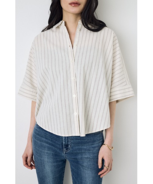 AZUL by moussy(アズールバイマウジー)の「【セットアップ対応】フレンチリネンCOOLMAXショートドルマンシャツ 春服 夏服 五分丈 半端丈 冷房対策 羽織(シャツ/ブラウス・レディース・ストライプ/ブラック/オフホワイト・FREE)」の8枚目の写真