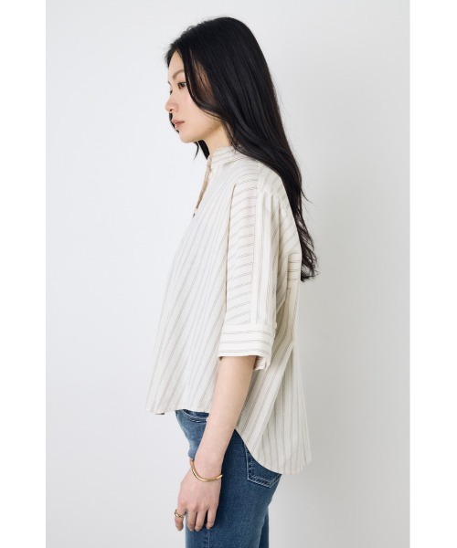 AZUL by moussy(アズールバイマウジー)の「【セットアップ対応】フレンチリネンCOOLMAXショートドルマンシャツ 春服 夏服 五分丈 半端丈 冷房対策 羽織(シャツ/ブラウス・レディース・ストライプ/ブラック/オフホワイト・FREE)」の9枚目の写真