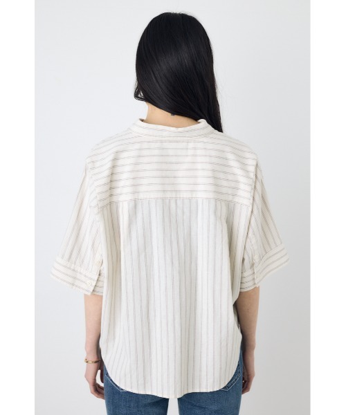AZUL by moussy(アズールバイマウジー)の「【セットアップ対応】フレンチリネンCOOLMAXショートドルマンシャツ 春服 夏服 五分丈 半端丈 冷房対策 羽織(シャツ/ブラウス・レディース・ストライプ/ブラック/オフホワイト・FREE)」の10枚目の写真