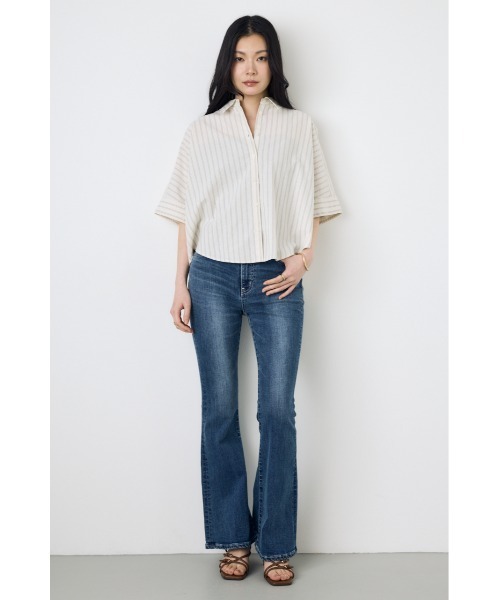 AZUL by moussy(アズールバイマウジー)の「【セットアップ対応】フレンチリネンCOOLMAXショートドルマンシャツ 春服 夏服 五分丈 半端丈 冷房対策 羽織(シャツ/ブラウス・レディース・ストライプ/ブラック/オフホワイト・FREE)」の11枚目の写真