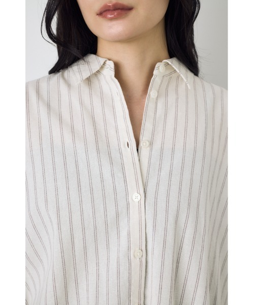 AZUL by moussy(アズールバイマウジー)の「【セットアップ対応】フレンチリネンCOOLMAXショートドルマンシャツ 春服 夏服 五分丈 半端丈 冷房対策 羽織(シャツ/ブラウス・レディース・ストライプ/ブラック/オフホワイト・FREE)」の12枚目の写真
