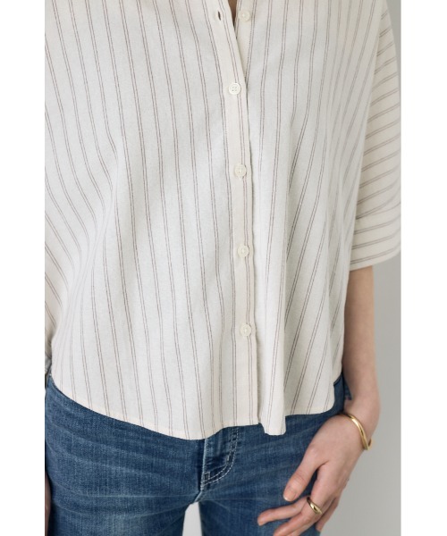AZUL by moussy(アズールバイマウジー)の「【セットアップ対応】フレンチリネンCOOLMAXショートドルマンシャツ 春服 夏服 五分丈 半端丈 冷房対策 羽織(シャツ/ブラウス・レディース・ストライプ/ブラック/オフホワイト・FREE)」の15枚目の写真