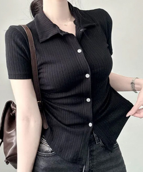 VIVID LADY(ビビッドレディー)の「リブウエストシャーリング カラーシャツ 半袖トップス(シャツ/ブラウス・レディース・ベージュ/ネイビー/アイボリー/ブラック・FREE)」の3枚目の写真