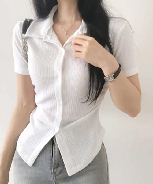 VIVID LADY(ビビッドレディー)の「リブウエストシャーリング カラーシャツ 半袖トップス(シャツ/ブラウス・レディース・ベージュ/ネイビー/アイボリー/ブラック・FREE)」の6枚目の写真