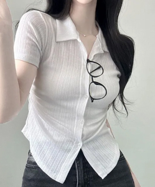 VIVID LADY(ビビッドレディー)の「リブウエストシャーリング カラーシャツ 半袖トップス(シャツ/ブラウス・レディース・ベージュ/ネイビー/アイボリー/ブラック・FREE)」の7枚目の写真