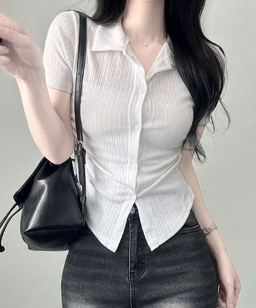 VIVID LADY(ビビッドレディー)の「リブウエストシャーリング カラーシャツ 半袖トップス(シャツ/ブラウス・レディース・ベージュ/ネイビー/アイボリー/ブラック・FREE)」の8枚目の写真