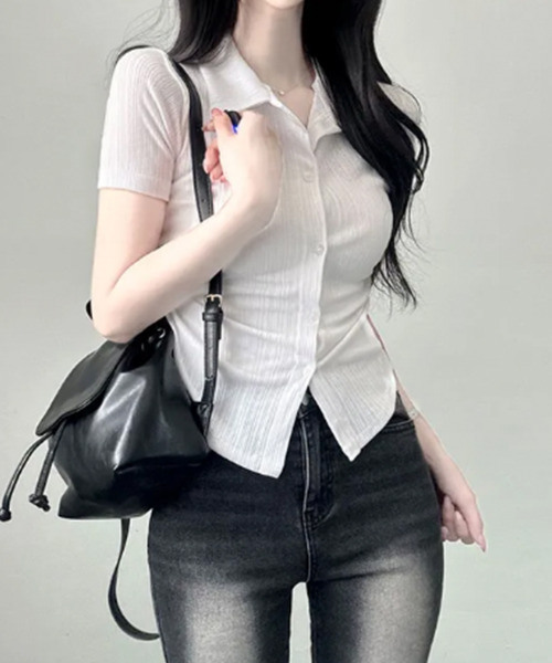 VIVID LADY(ビビッドレディー)の「リブウエストシャーリング カラーシャツ 半袖トップス(シャツ/ブラウス・レディース・ベージュ/ネイビー/アイボリー/ブラック・FREE)」の9枚目の写真