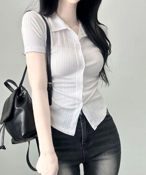 VIVID LADY(ビビッドレディー)の「リブウエストシャーリング カラーシャツ 半袖トップス(シャツ/ブラウス・レディース・ベージュ/ネイビー/アイボリー/ブラック・FREE)」の10枚目の写真