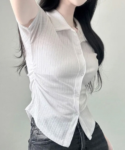 VIVID LADY(ビビッドレディー)の「リブウエストシャーリング カラーシャツ 半袖トップス(シャツ/ブラウス・レディース・ベージュ/ネイビー/アイボリー/ブラック・FREE)」の11枚目の写真