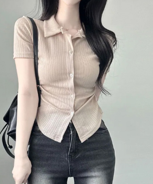 VIVID LADY(ビビッドレディー)の「リブウエストシャーリング カラーシャツ 半袖トップス(シャツ/ブラウス・レディース・ベージュ/ネイビー/アイボリー/ブラック・FREE)」の12枚目の写真