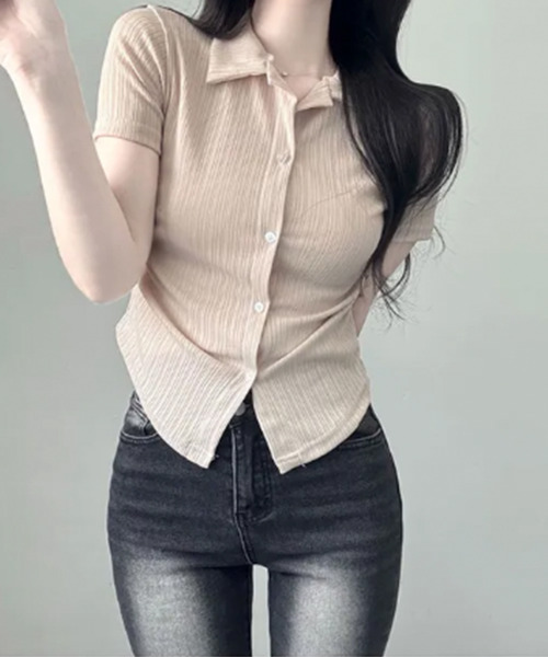 VIVID LADY(ビビッドレディー)の「リブウエストシャーリング カラーシャツ 半袖トップス(シャツ/ブラウス・レディース・ベージュ/ネイビー/アイボリー/ブラック・FREE)」の13枚目の写真