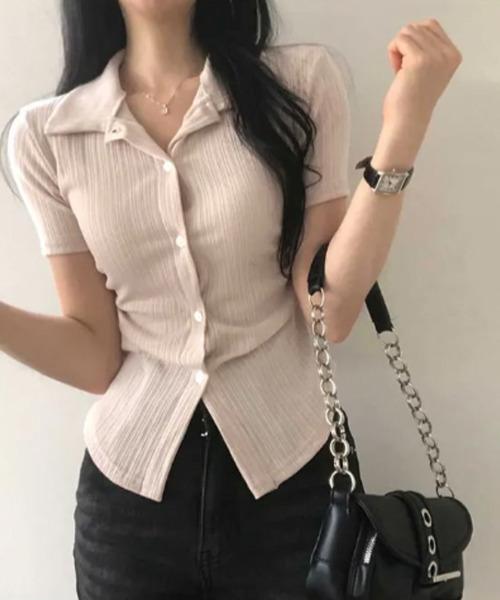 VIVID LADY(ビビッドレディー)の「リブウエストシャーリング カラーシャツ 半袖トップス(シャツ/ブラウス・レディース・ベージュ/ネイビー/アイボリー/ブラック・FREE)」の14枚目の写真