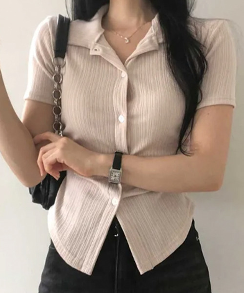 VIVID LADY(ビビッドレディー)の「リブウエストシャーリング カラーシャツ 半袖トップス(シャツ/ブラウス・レディース・ベージュ/ネイビー/アイボリー/ブラック・FREE)」の15枚目の写真