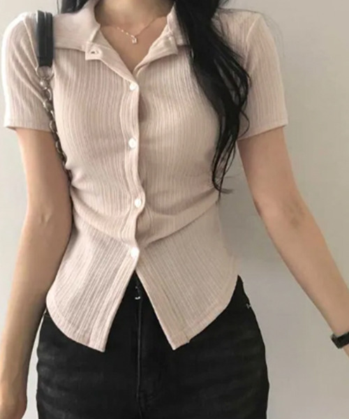 VIVID LADY(ビビッドレディー)の「リブウエストシャーリング カラーシャツ 半袖トップス(シャツ/ブラウス・レディース・ベージュ/ネイビー/アイボリー/ブラック・FREE)」の16枚目の写真