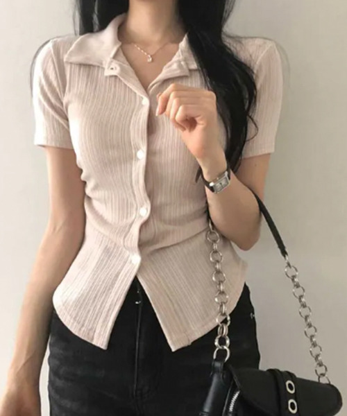 VIVID LADY(ビビッドレディー)の「リブウエストシャーリング カラーシャツ 半袖トップス(シャツ/ブラウス・レディース・ベージュ/ネイビー/アイボリー/ブラック・FREE)」の17枚目の写真