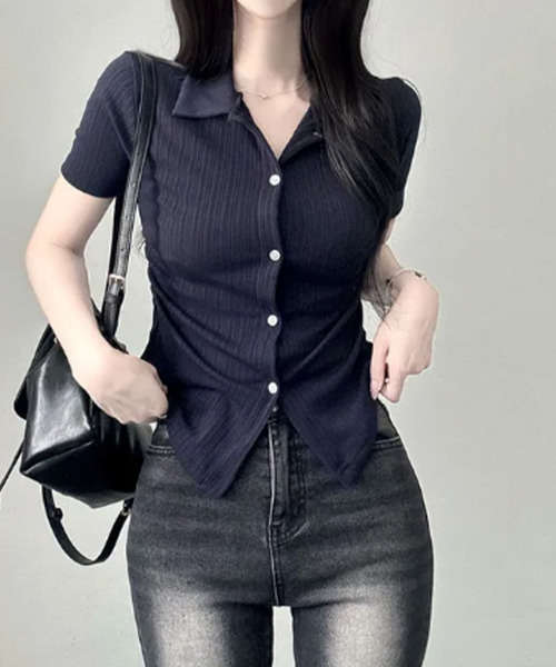 VIVID LADY(ビビッドレディー)の「リブウエストシャーリング カラーシャツ 半袖トップス(シャツ/ブラウス・レディース・ベージュ/ネイビー/アイボリー/ブラック・FREE)」の20枚目の写真