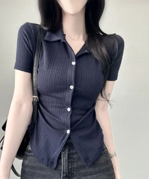 VIVID LADY(ビビッドレディー)の「リブウエストシャーリング カラーシャツ 半袖トップス(シャツ/ブラウス・レディース・ベージュ/ネイビー/アイボリー/ブラック・FREE)」の21枚目の写真