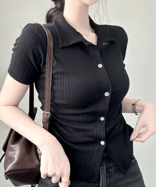 VIVID LADY(ビビッドレディー)の「リブウエストシャーリング カラーシャツ 半袖トップス(シャツ/ブラウス・レディース・ベージュ/ネイビー/アイボリー/ブラック・FREE)」の22枚目の写真