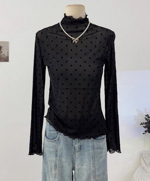 tood.(トード)の「【tood.】ドット柄 メロウハイネック・シアードトップス(Tシャツ/カットソー・レディース・モカ/ブラック/ホワイト・FREE)」の10枚目の写真
