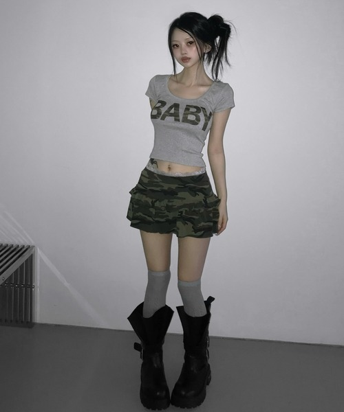 THEAIRTOWN(ジエアタウン)の「hollyhock camo baby top(Tシャツ/カットソー・レディース・グレー/ブラック/ミント・FREE)」の12枚目の写真