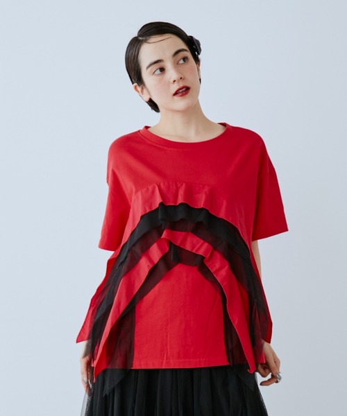 manana suerte(マニャーナスエルテ)の「チュールデザインTシャツ(Tシャツ/カットソー・レディース・ブラック/レッド・FREE)」の4枚目の写真