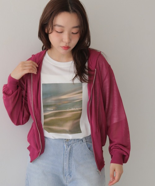 cheriella（シェリエラ）の「【cheriella】シアーフードダブルジップニットパーカー  SHEER DOUBLE ZIP KNIT HOODIE（カーディガン/ボレロ・レディース・ブラウン/ネイビー/パープル/アイボリー/レモンイエロー・FREE）」の4枚目の写真