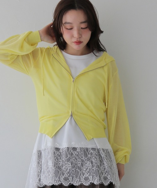 cheriella（シェリエラ）の「【cheriella】シアーフードダブルジップニットパーカー  SHEER DOUBLE ZIP KNIT HOODIE（カーディガン/ボレロ・レディース・ブラウン/ネイビー/パープル/アイボリー/レモンイエロー・FREE）」の5枚目の写真